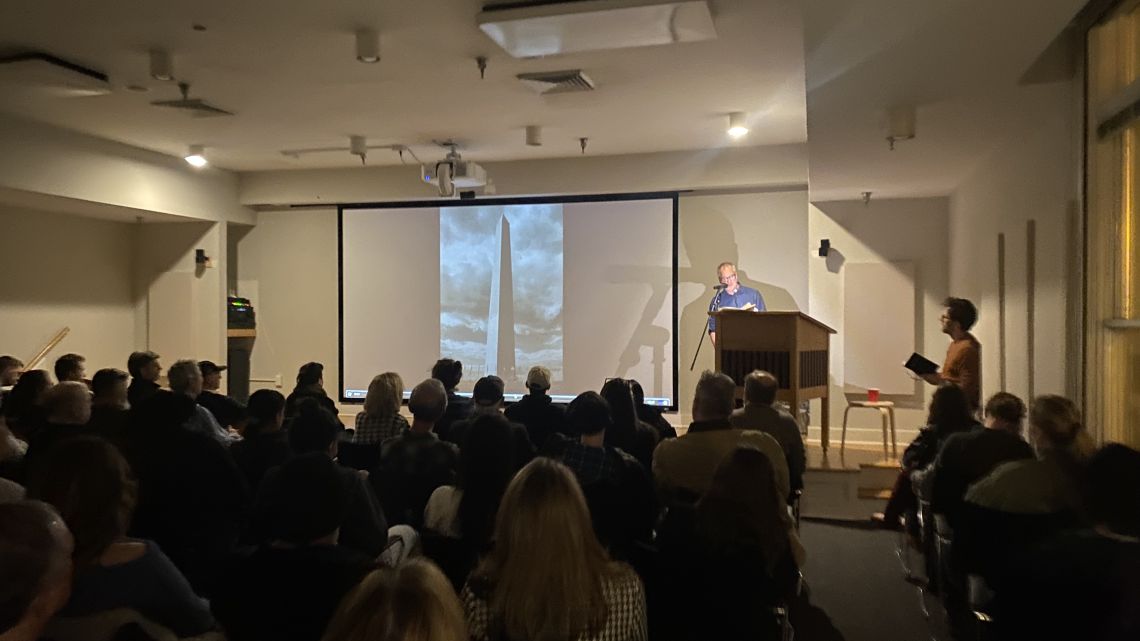 Nate DiMeo reads an excerpt from his new book to a packed audience at a book tour stop hosted by the Department of History.